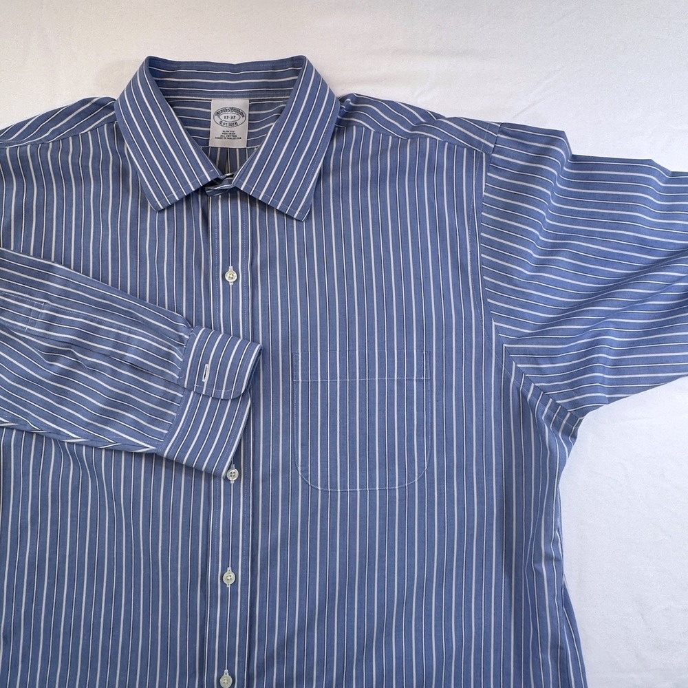 Brooks Brothers Mens Slim Fit Non-Iron Striped Dress Shirt 17 37 Blue‎ White